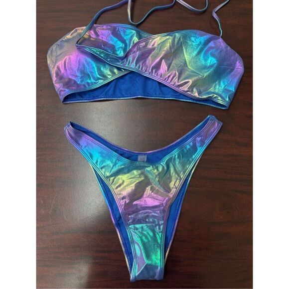NWOT SHEIN Metallic Blue and Purple Cross over Bikini Set Size Large - Picture 2 of 6